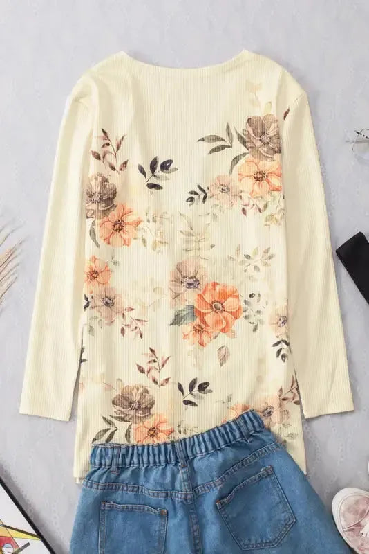 Apricot Floral Ribbed Knit Slim Fit Cardigan - Fashionfitz