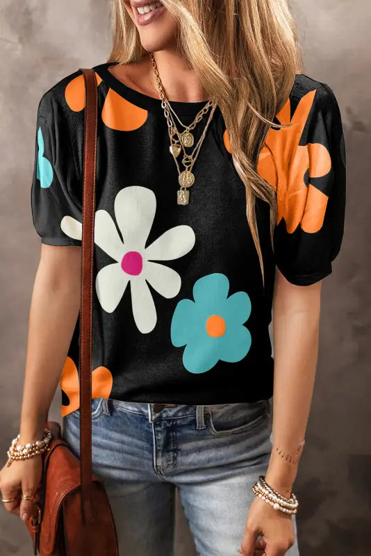 Apricot flower print bubble sleeve tee