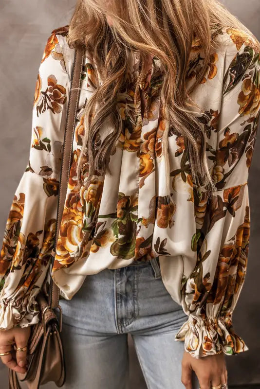 Apricot gorgeous floral split neck flounce sleeve blouse - tops