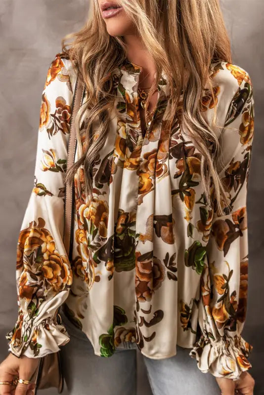 Apricot gorgeous floral split neck flounce sleeve blouse - s / 100% polyester - tops