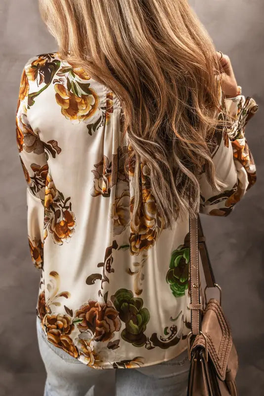 Apricot gorgeous floral split neck flounce sleeve blouse - tops