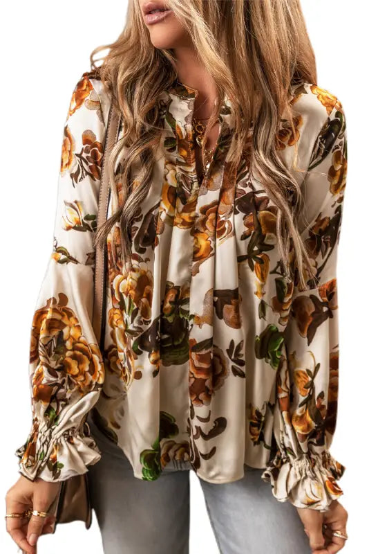 Apricot gorgeous floral split neck flounce sleeve blouse - tops