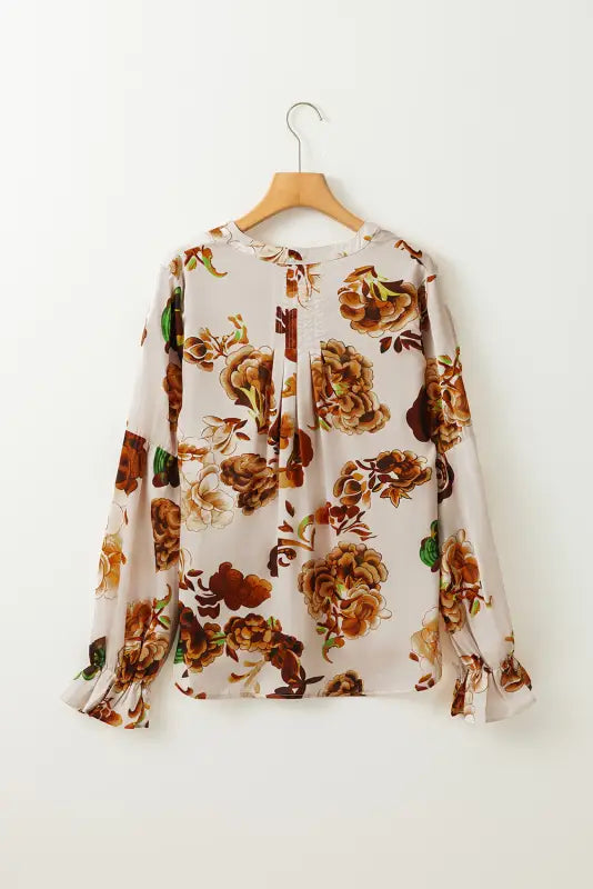 Apricot gorgeous floral split neck flounce sleeve blouse - tops