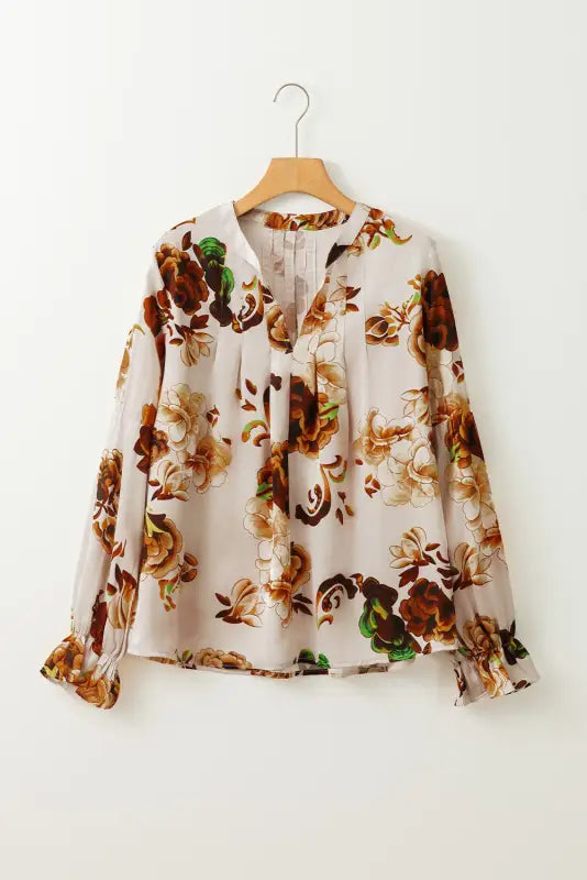 Apricot gorgeous floral split neck flounce sleeve blouse - tops