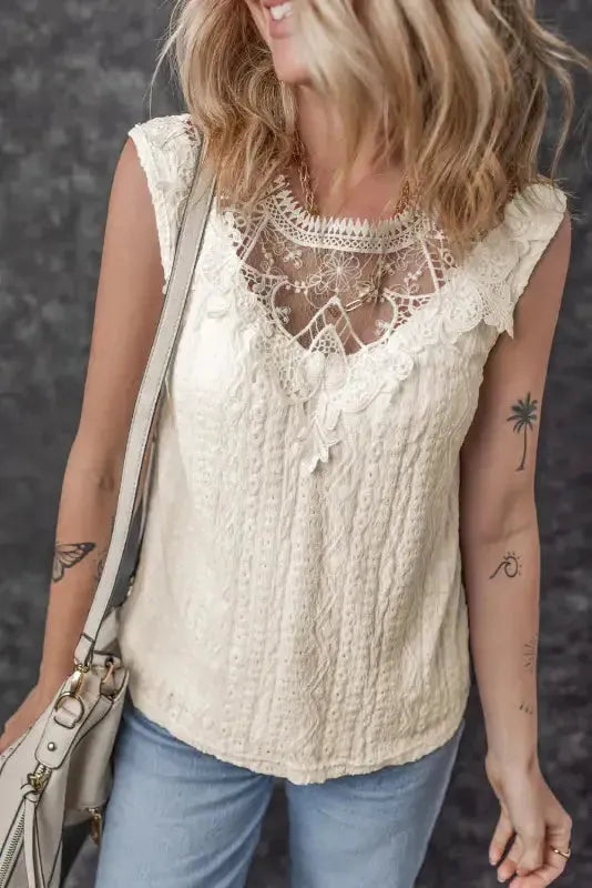 Apricot Guipure Lace Crochet Keyhole Back Tank Top - Fashionfitz