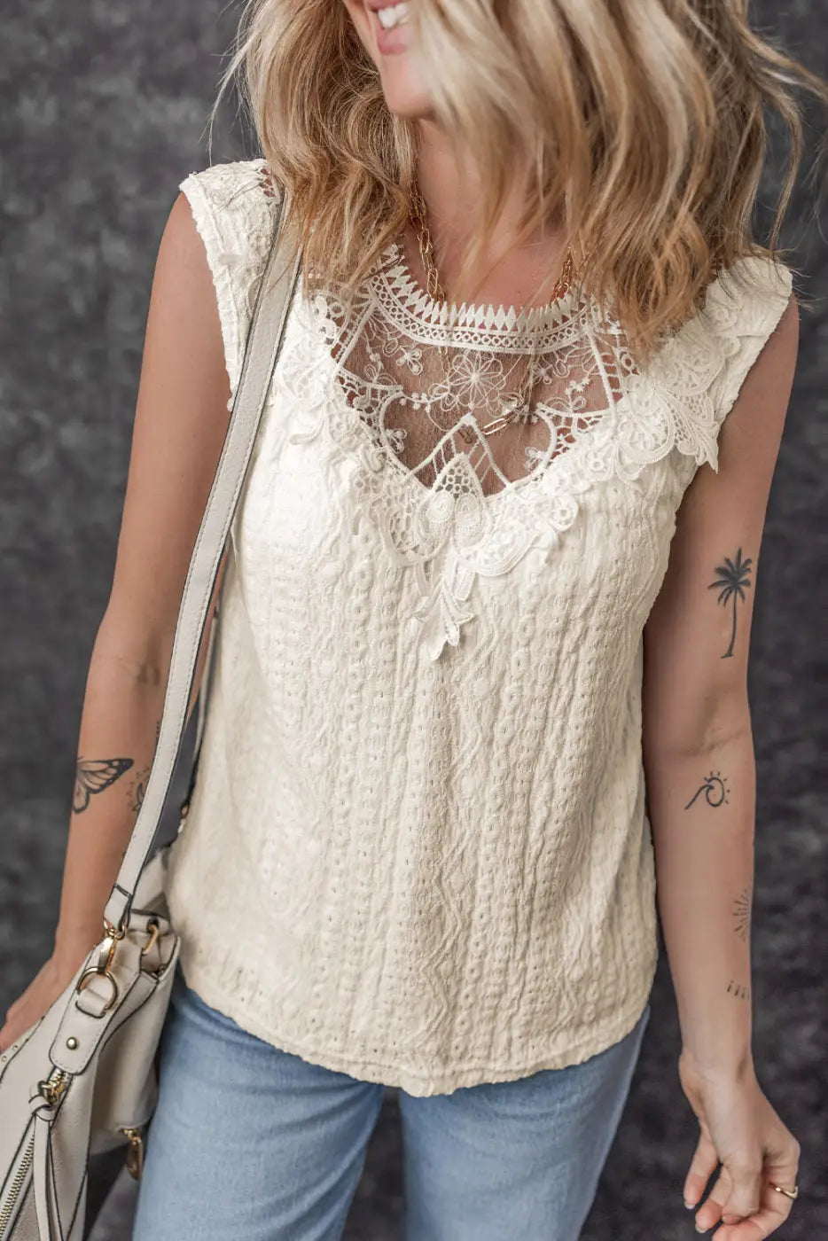 Apricot guipure lace crochet keyhole back tank top - s / 97% polyester + 3% elastane - tops