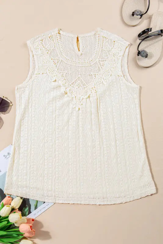 Apricot guipure lace crochet keyhole back tank top - tops