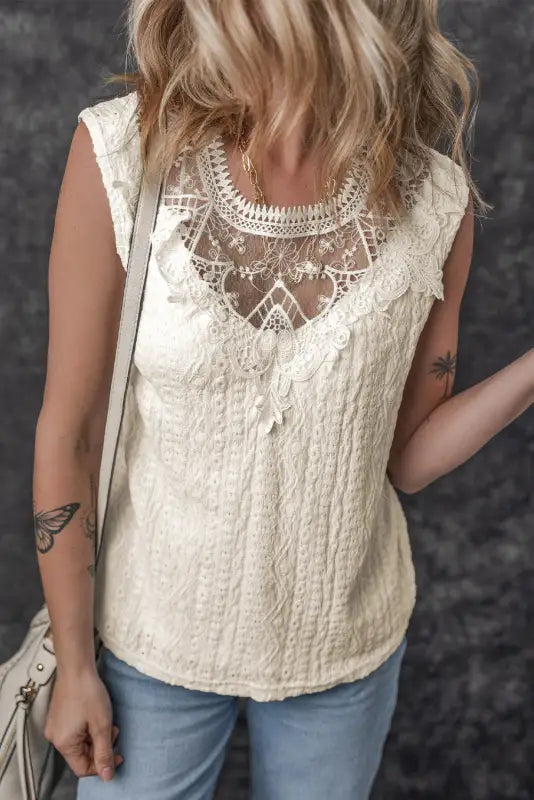 Apricot guipure lace crochet keyhole back tank top - tops