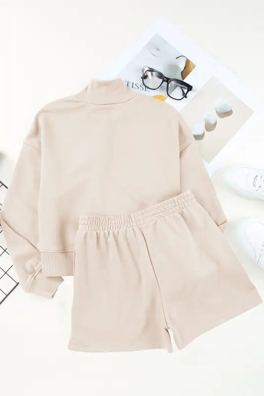 Apricot casual high neck henley top and short outfit - activewear shorts set