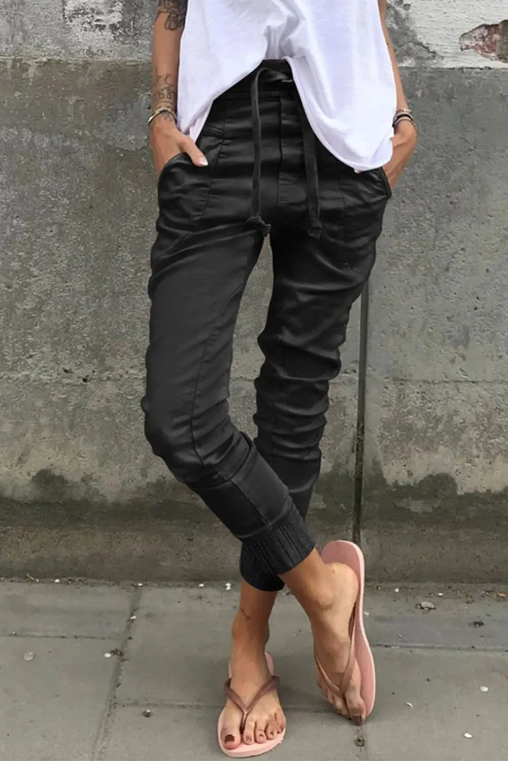 Apricot high waist drawstring pocketed pants - black / 14 / 98% cotton + 2% elastane - cargo