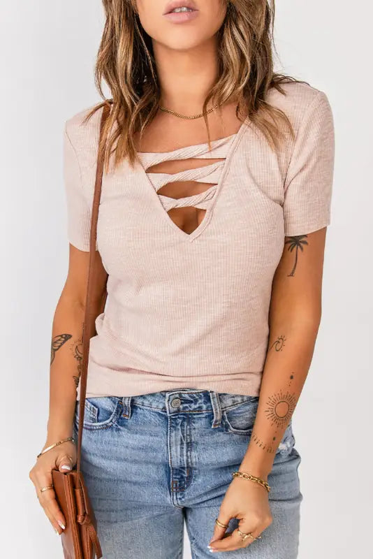 Apricot strappy hollow-out neck rib knit t shirt - tops