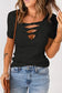 Apricot strappy hollow-out neck rib knit t shirt - tops