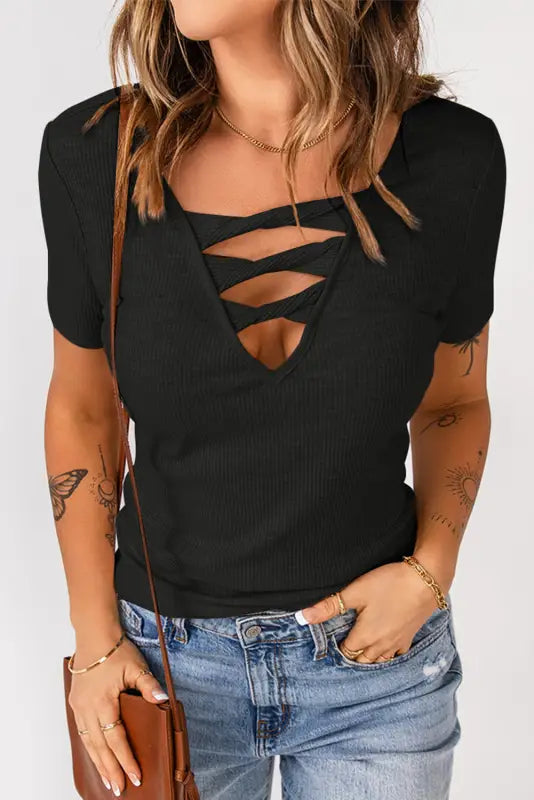 Apricot strappy hollow-out neck rib knit t shirt - tops