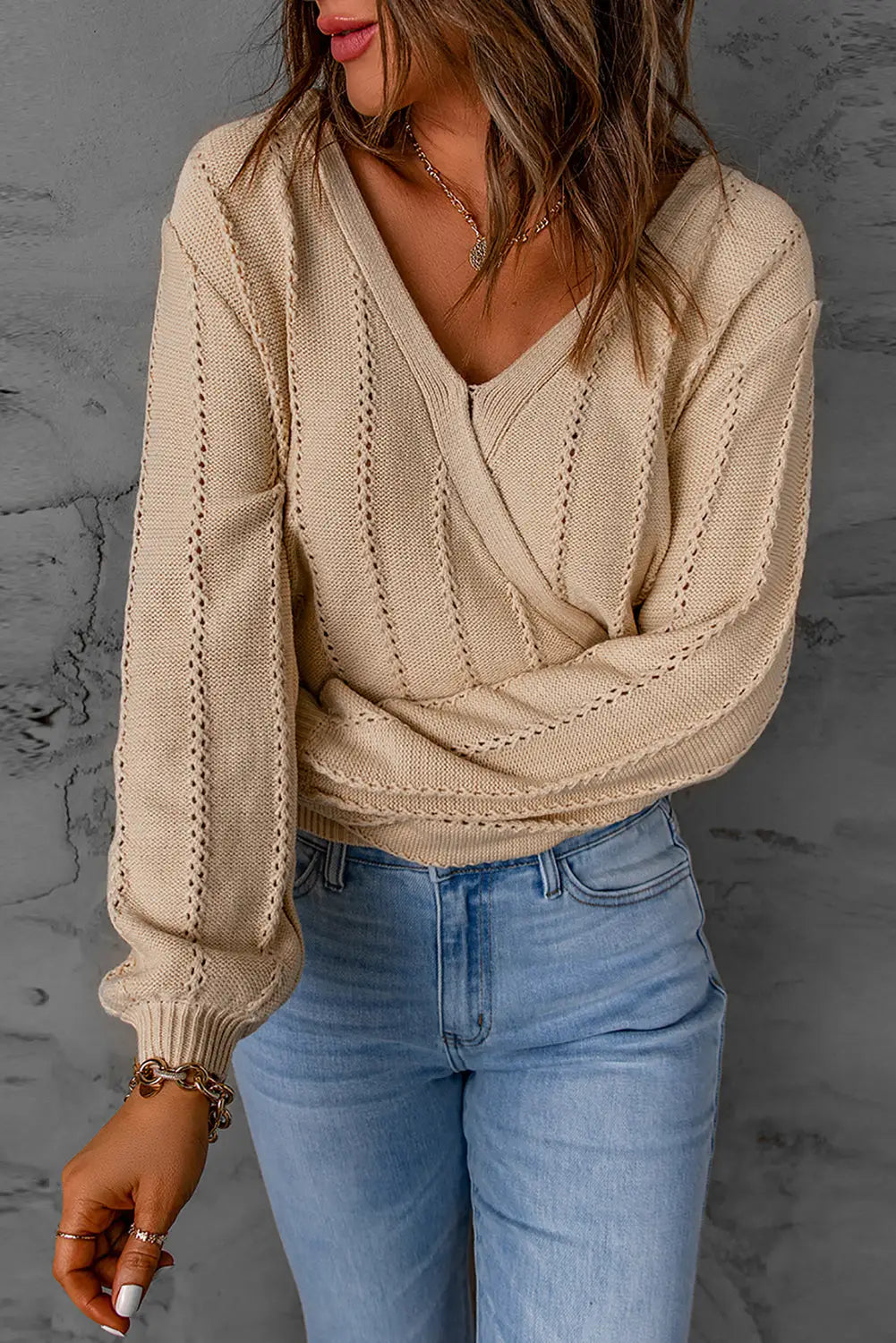 Apricot hollow out v neck pullover sweater - s /