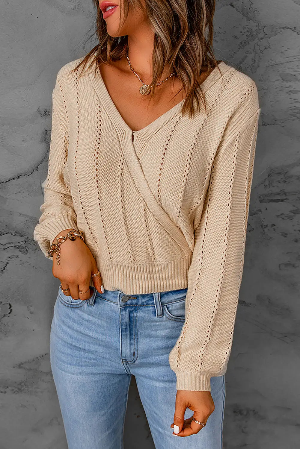 Apricot hollow out v neck pullover sweater - tops
