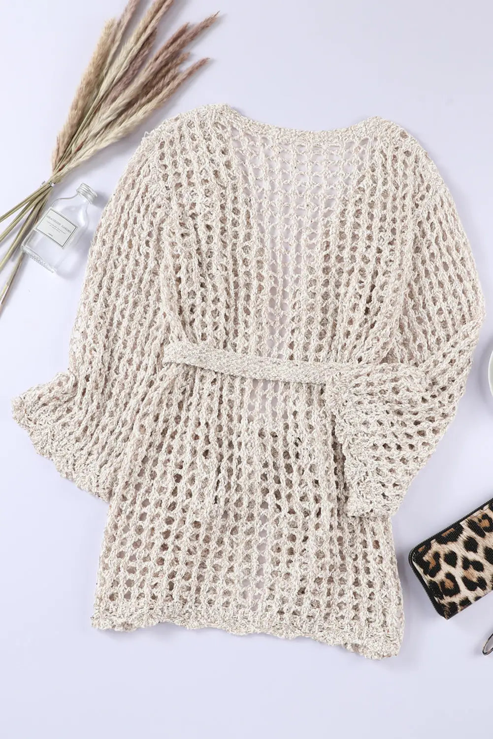 Apricot knit crochet open front beach cover up with tie -