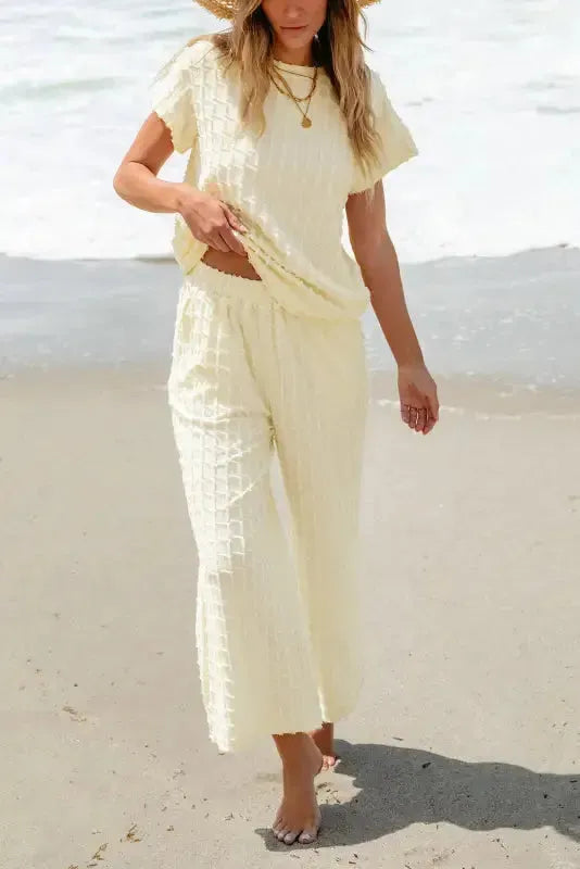 Apricot Lattice Casual Two Piece Pants Set - Fashionfitz