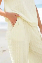 Close-up of pocket detail on Apricot Lattice Pants, showcasing textured fabric and casual design.