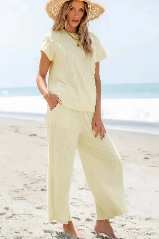 Apricot Lattice Casual Two Piece Pants Set - Fashionfitz