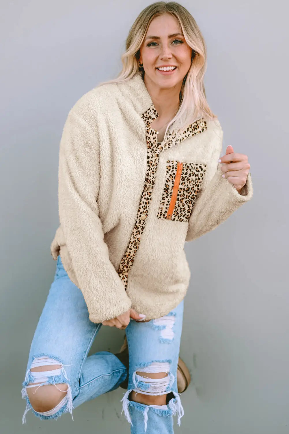 Apricot leopard patched zipped pocket fleece jacket - jackets