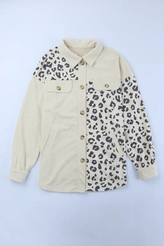 Apricot leopard print detail pocketed corduroy jacket - shackets