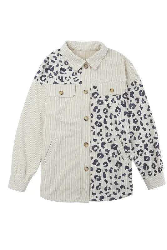 Apricot leopard print detail pocketed corduroy jacket - shackets