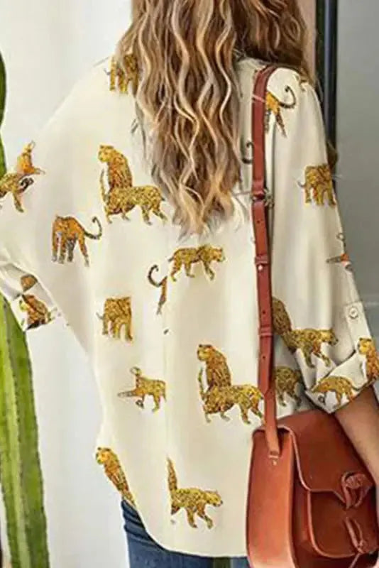 Apricot Leopard Print Loose Fit V Neck Blouse - Fashionfitz