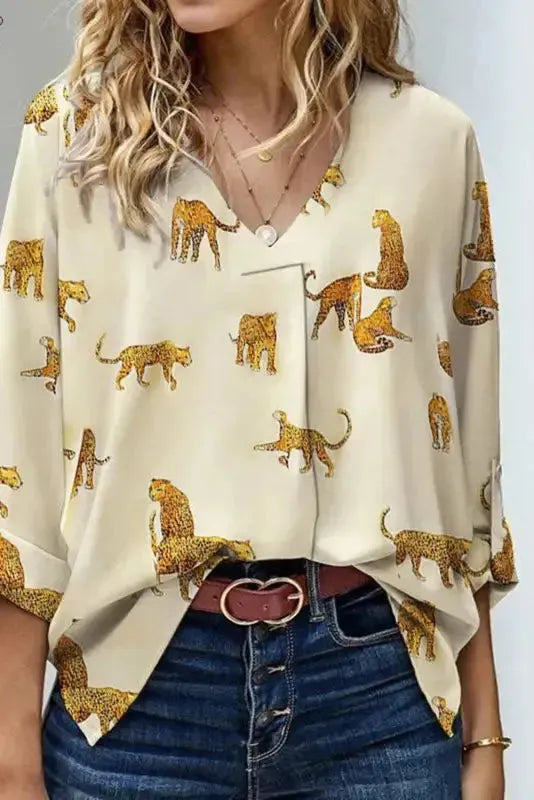 Apricot Leopard Print Loose Fit V Neck Blouse - Fashionfitz