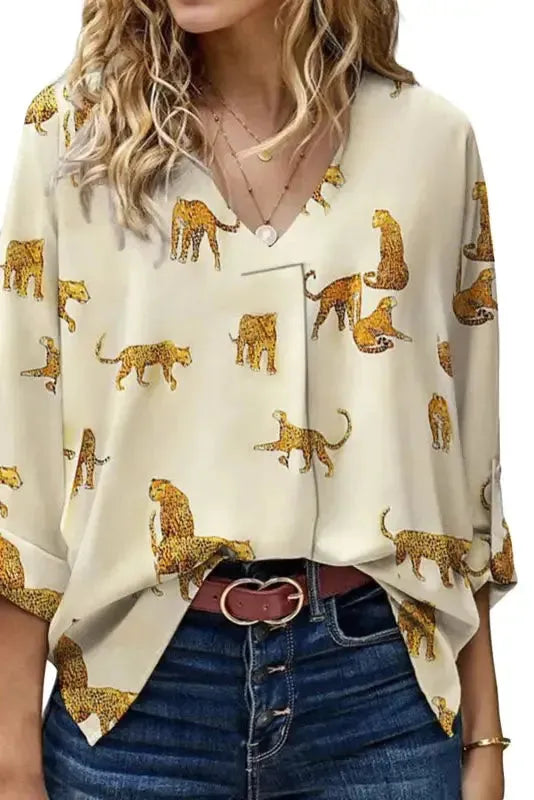 Apricot Leopard Print Loose Fit V Neck Blouse - Fashionfitz