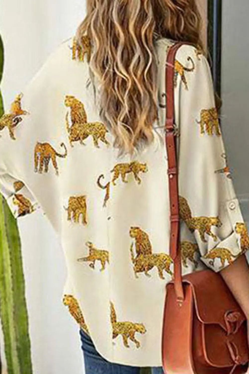Apricot leopard print loose fit v neck blouse - tops