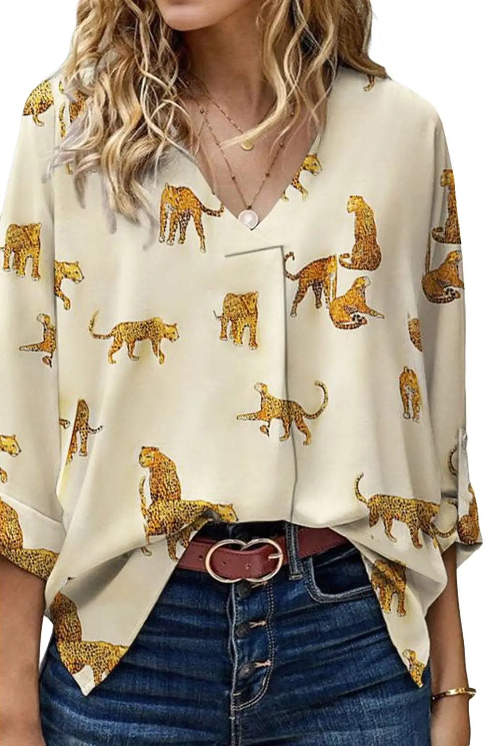 Apricot leopard print loose fit v neck blouse - tops