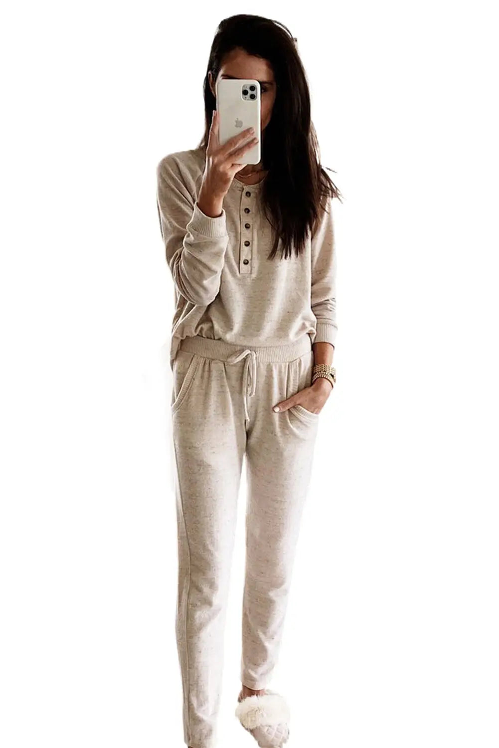 Apricot long sleeve button top and drawstring pants set -