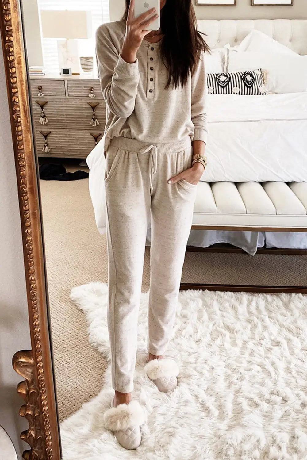 Apricot long sleeve button top and drawstring pants set - s