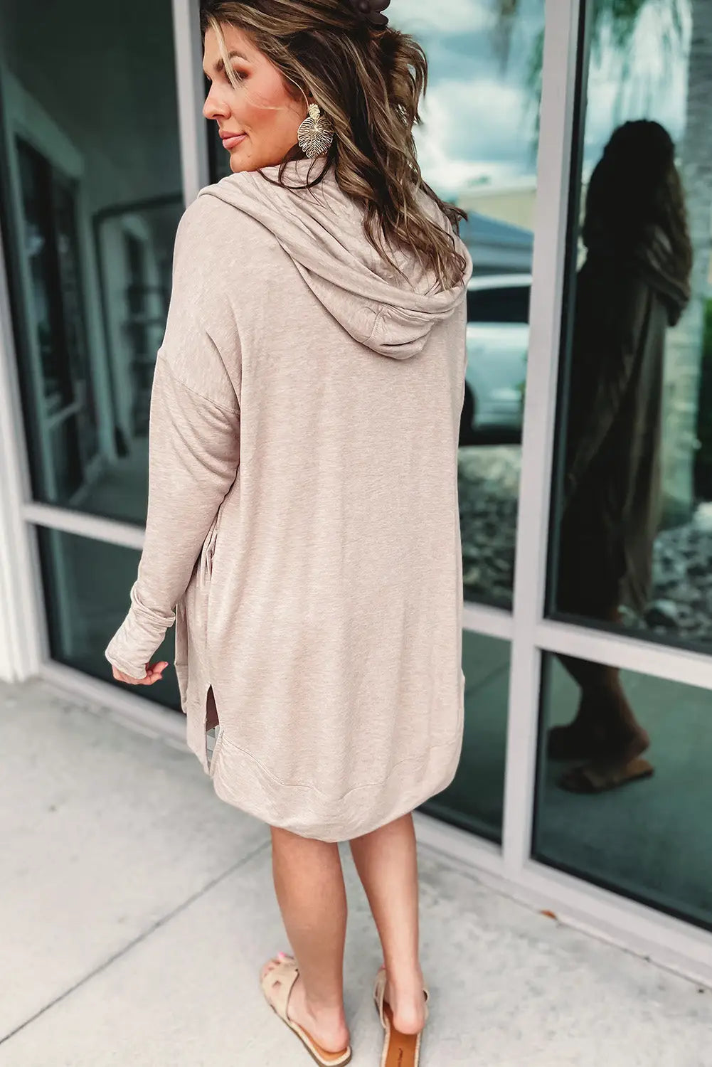 Apricot open front hooded long cardigan with slits - tops