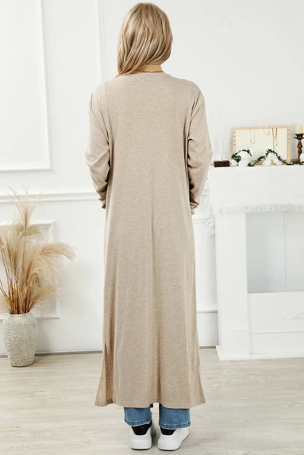 Apricot open front pocketed duster cardigan with slits -