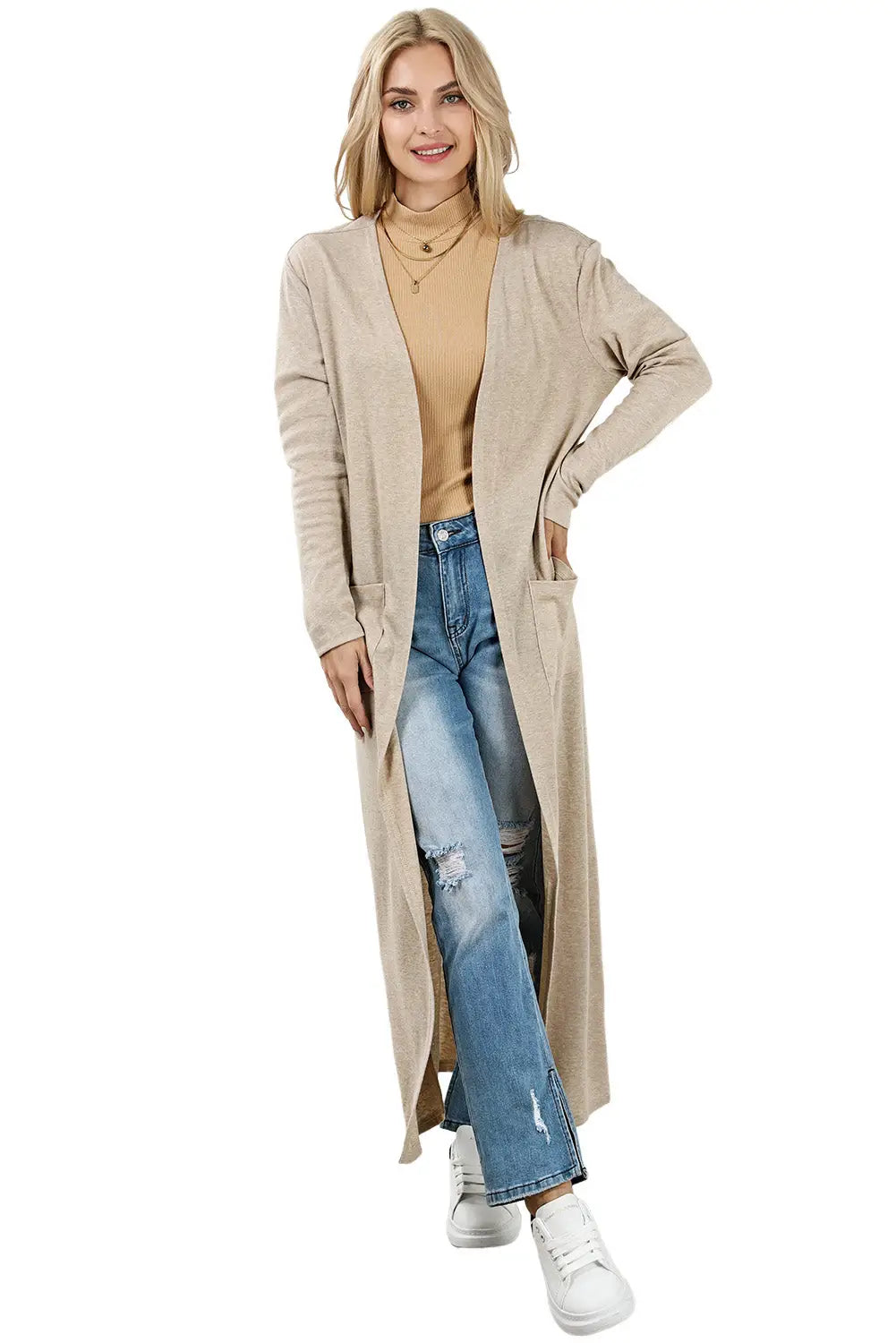 Apricot open front pocketed duster cardigan with slits -