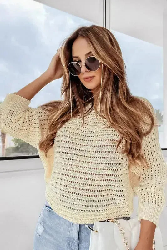 Apricot Open Knit Bracelet Sleeve Sweater - Fashionfitz