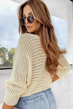 Apricot Open Knit Bracelet Sleeve Sweater - Fashionfitz