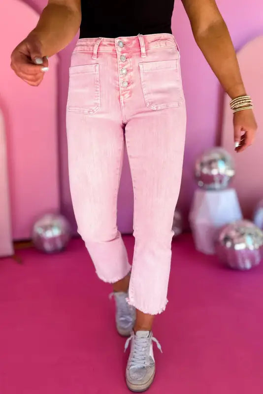 Apricot pink crop jeans - raw edge - 6 / 98% cotton + 2% elastane