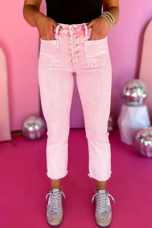 Apricot pink crop jeans - raw edge