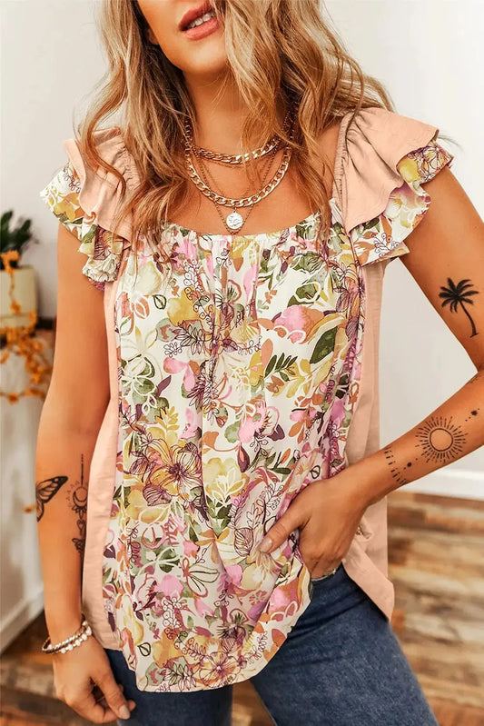 Apricot Pink Floral Patchwork Blouse - Square Neck Ruffle Sleeve - Fashionfitz