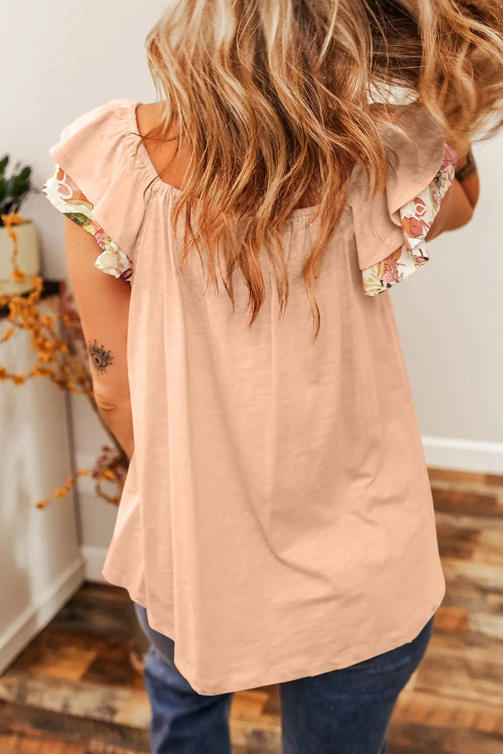 Apricot Pink Floral Patchwork Square Neck Ruffle Sleeve