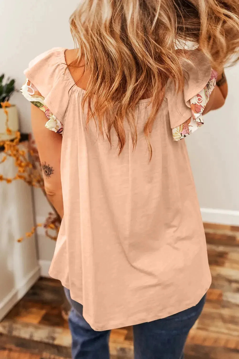 Apricot Pink Floral Patchwork Blouse - Square Neck Ruffle Sleeve - Fashionfitz