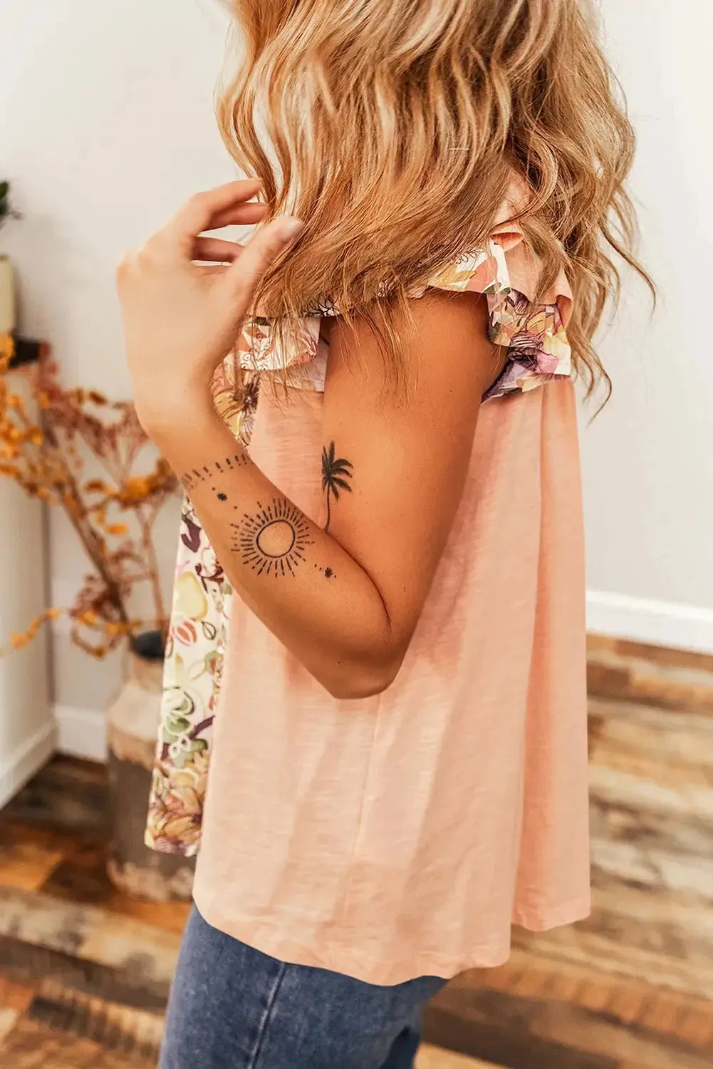 Apricot Pink Floral Patchwork Blouse - Square Neck Ruffle Sleeve - Fashionfitz
