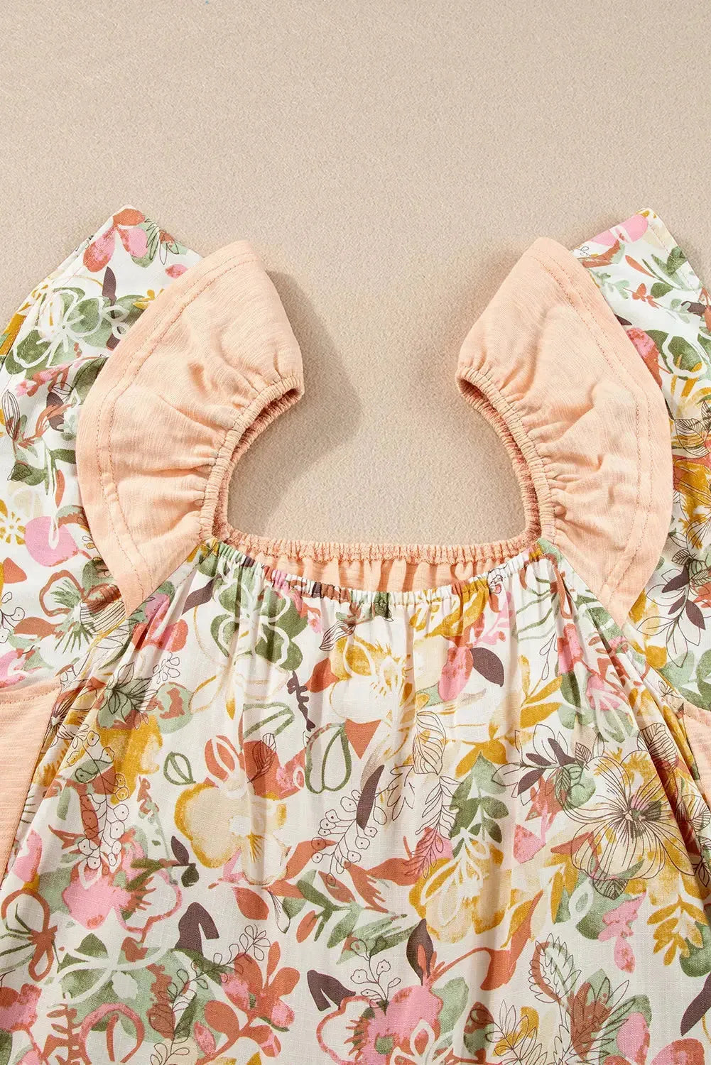 Apricot Pink Floral Patchwork Blouse - Square Neck Ruffle Sleeve - Fashionfitz