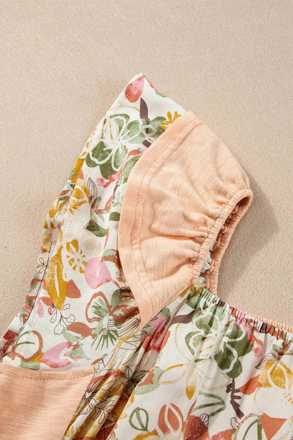 Apricot Pink Floral Patchwork Blouse - Square Neck Ruffle Sleeve - Fashionfitz