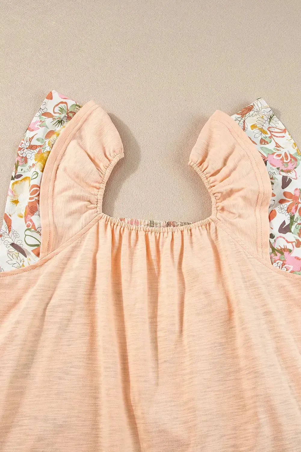 Apricot Pink Floral Patchwork Blouse - Square Neck Ruffle Sleeve - Fashionfitz