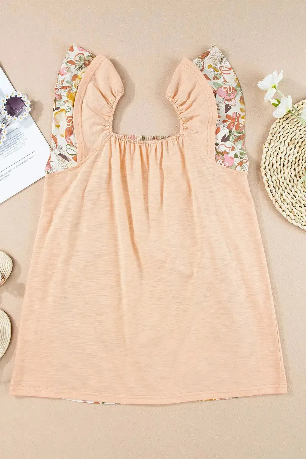 Apricot Pink Floral Patchwork Blouse - Square Neck Ruffle Sleeve - Fashionfitz