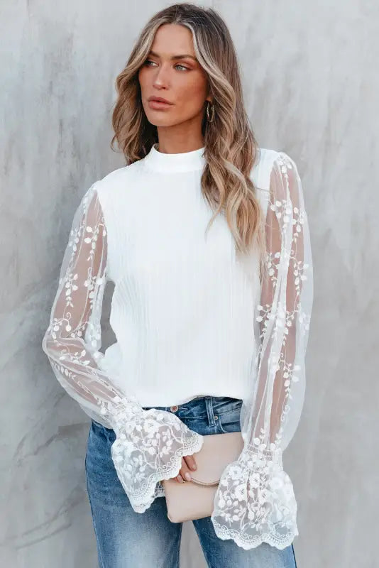 Apricot pink lace sleeve blouse - white / s / 95% polyester + 5% elastane - blouses