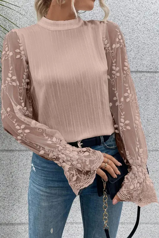 Apricot pink lace sleeve blouse - s / 95% polyester + 5% elastane - blouses